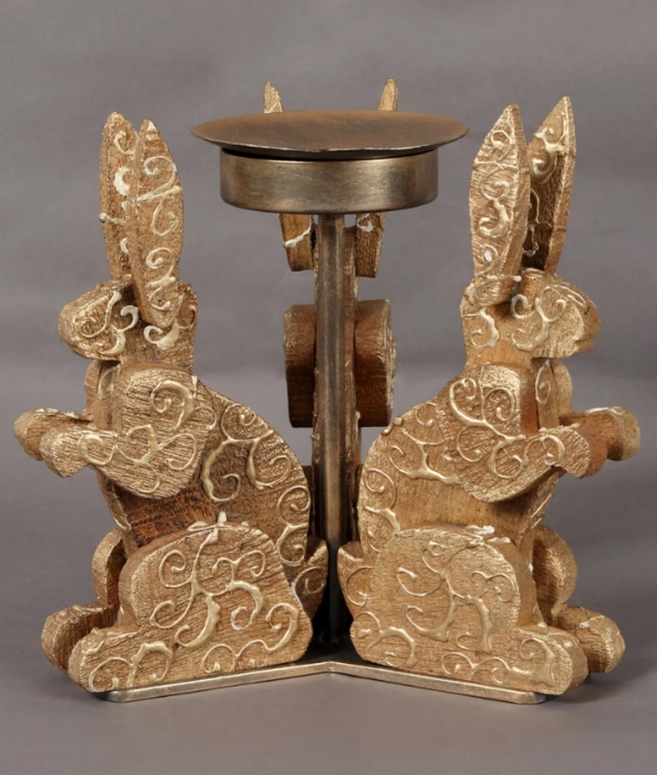 8" Wood and Iron Rabbit Design Candle Holder (1 of 5)