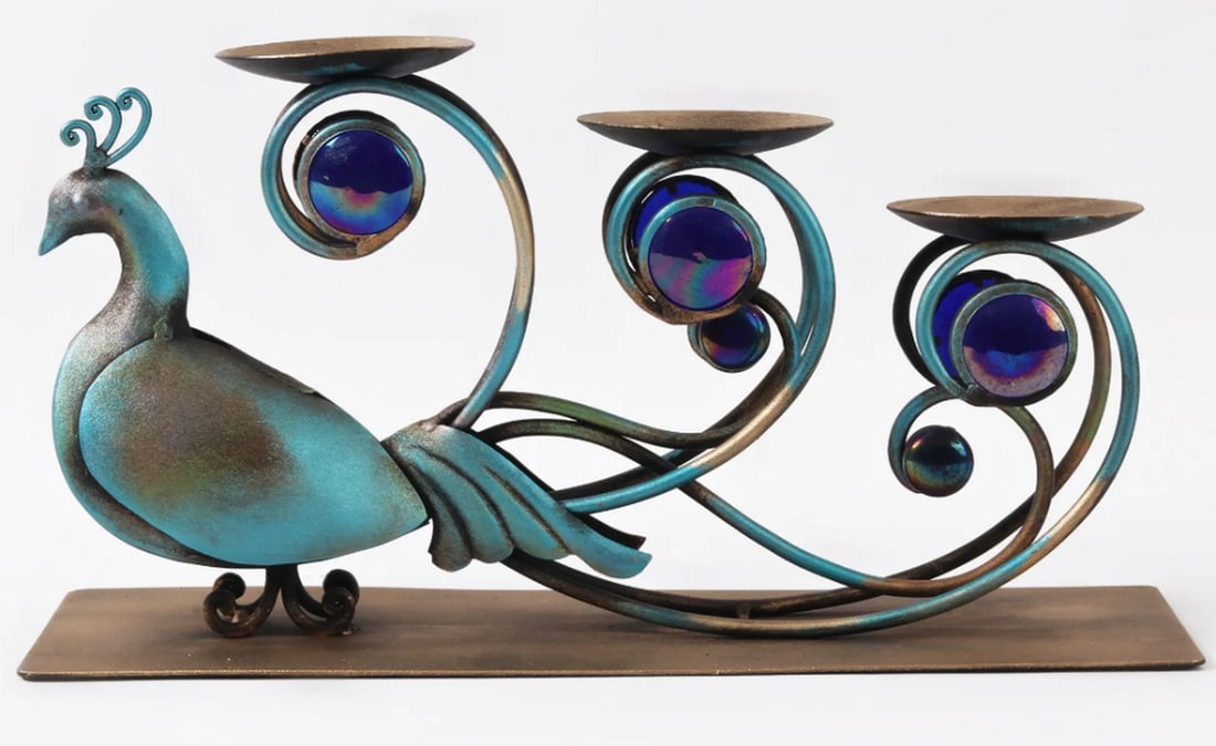 16" Exquisite Blue Peacock Candle Holder – Iron & Glass with Tail Wick Design (1 of 4)