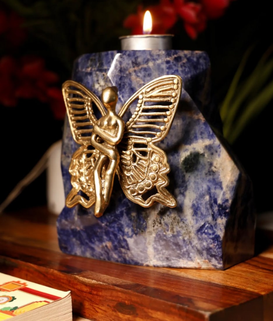Brass Angel on Lapis Lazuli Gemstone with Candle Holder – 7" (1 of 10)