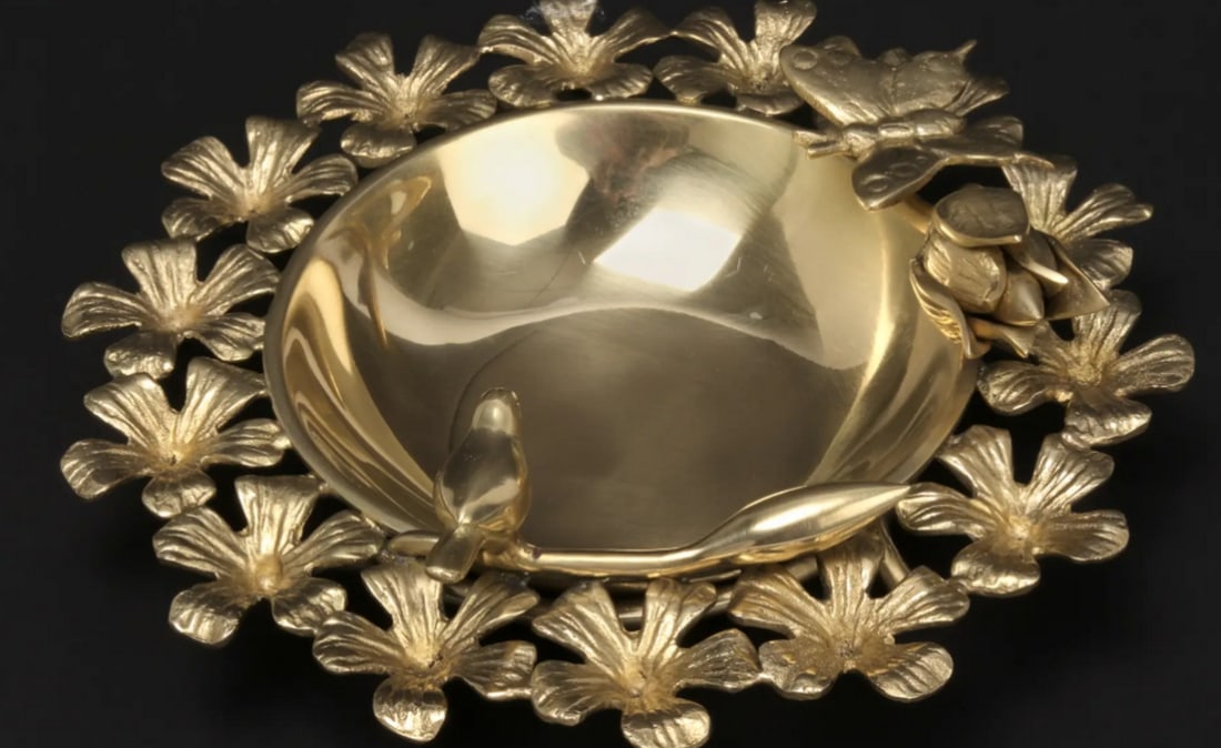 8" Brass Flower Urli with Bird and Butterfly (1 of 4)