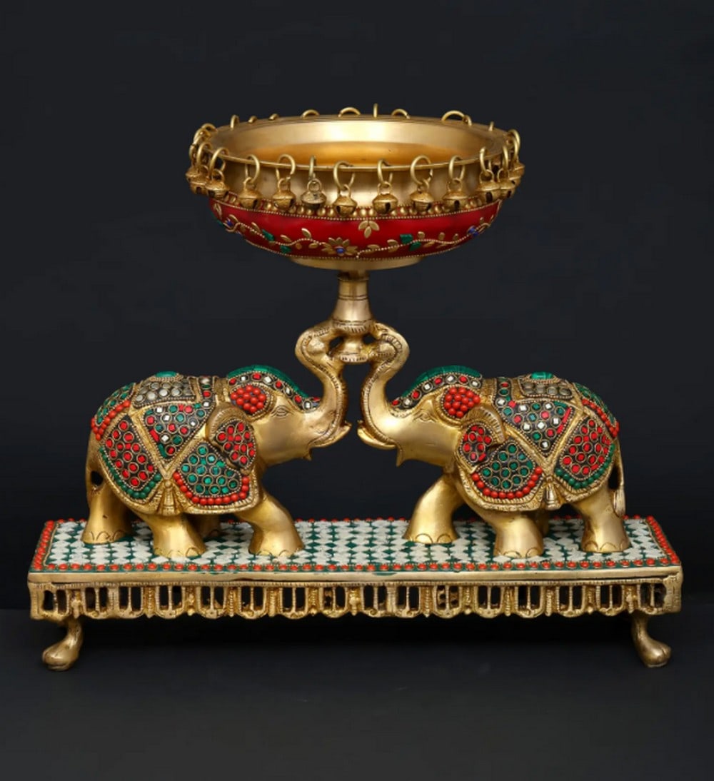 16" Brass Elephants Holding Urli – Exquisite Pair with Intricate Inlay Work (1 of 4)