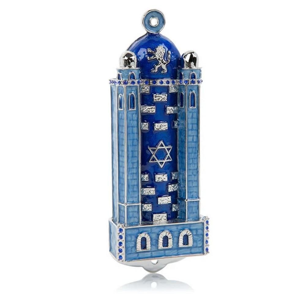 Blue Western Wall-Style Mezuzah: Blue Western Wall-Style Mezuzah Add a touch of modern sophistication to your home with the Blue Western Wall-Style Mezuzah. Crafted from pewter and plated with 925 silver, this mezuzah blends traditi