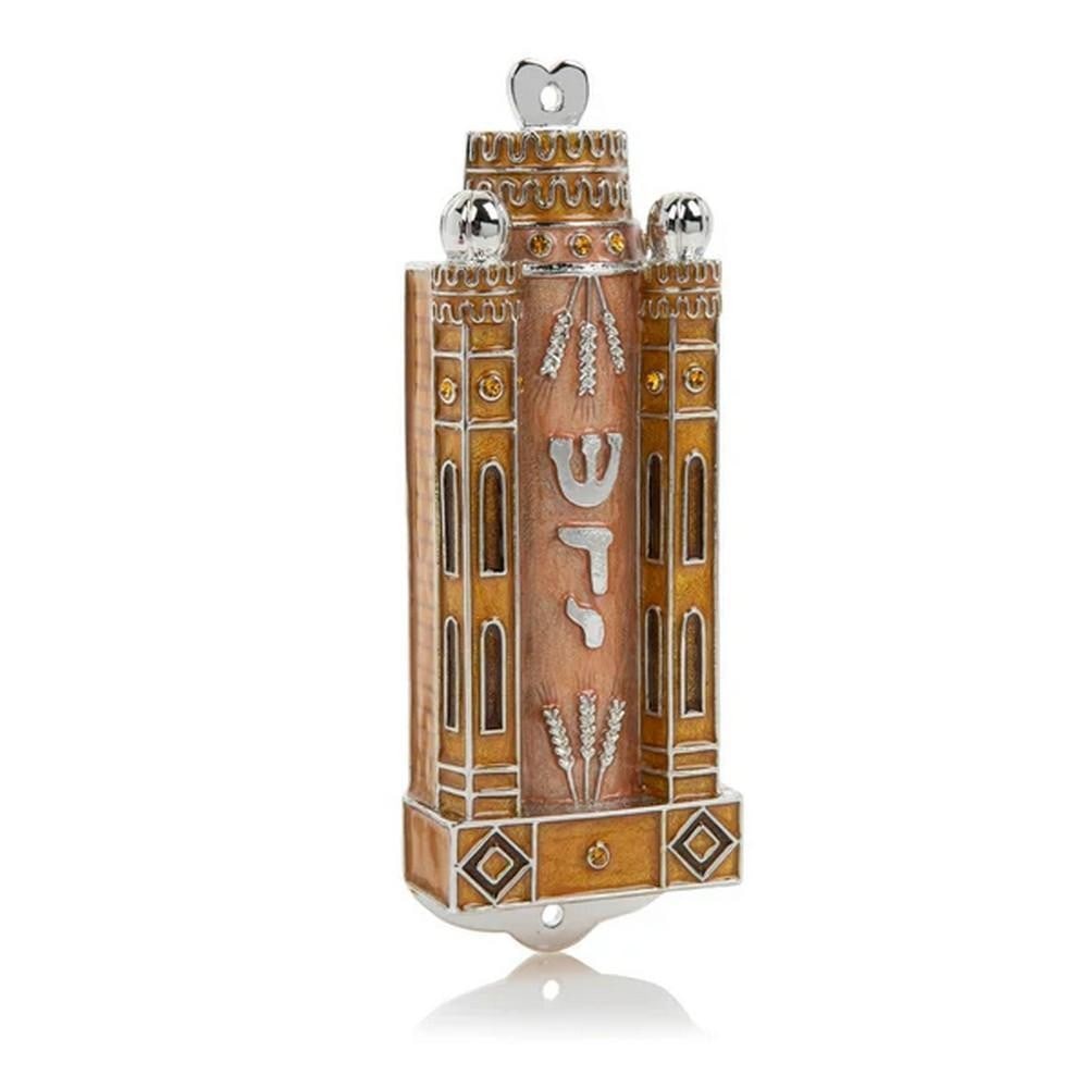 Brown Contemporary Holy Ark Mezuzah: Brown Contemporary Holy Ark Mezuzah Add a touch of modern elegance to your home with the Brown Contemporary Holy Ark Mezuzah. Crafted from pewter and plated with 925 silver, this mezuzah beautifully