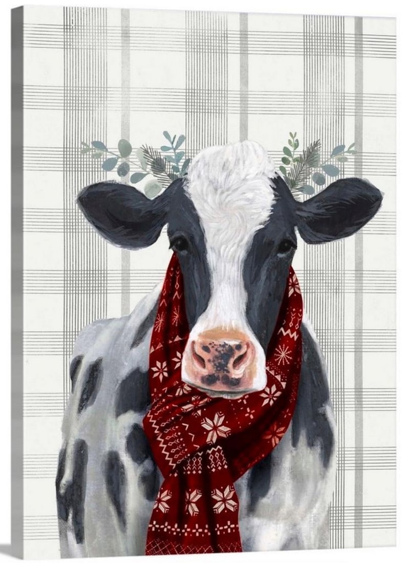 Yuletide Cow Ready for The Holidays Canvas Reproduction: Yuletide Cow Ready for The Holidays Canvas Reproduction An amusing image of a black and white cow wearing a red scarf and branches behind ears on a gray and cream plaid patterned background. The arti