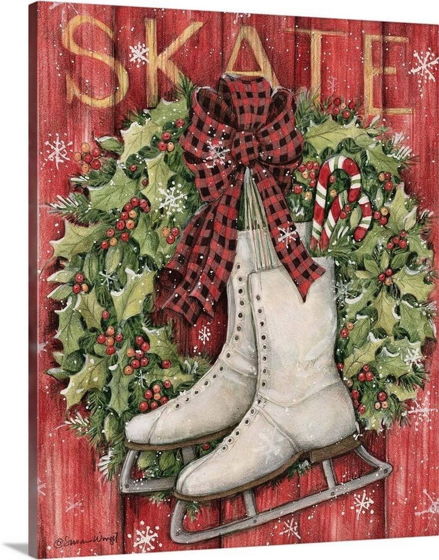 Festive Ice Skates on Wreath Wall Art Canvas - 20" x 16": Festive Ice Skates on Wreath Wall Art Canvas - 20" x 16" Elevate your holiday decor with the Festive Ice Skates on Wreath Wall Art Canvas. This charming canvas print, measuring 20" x 16