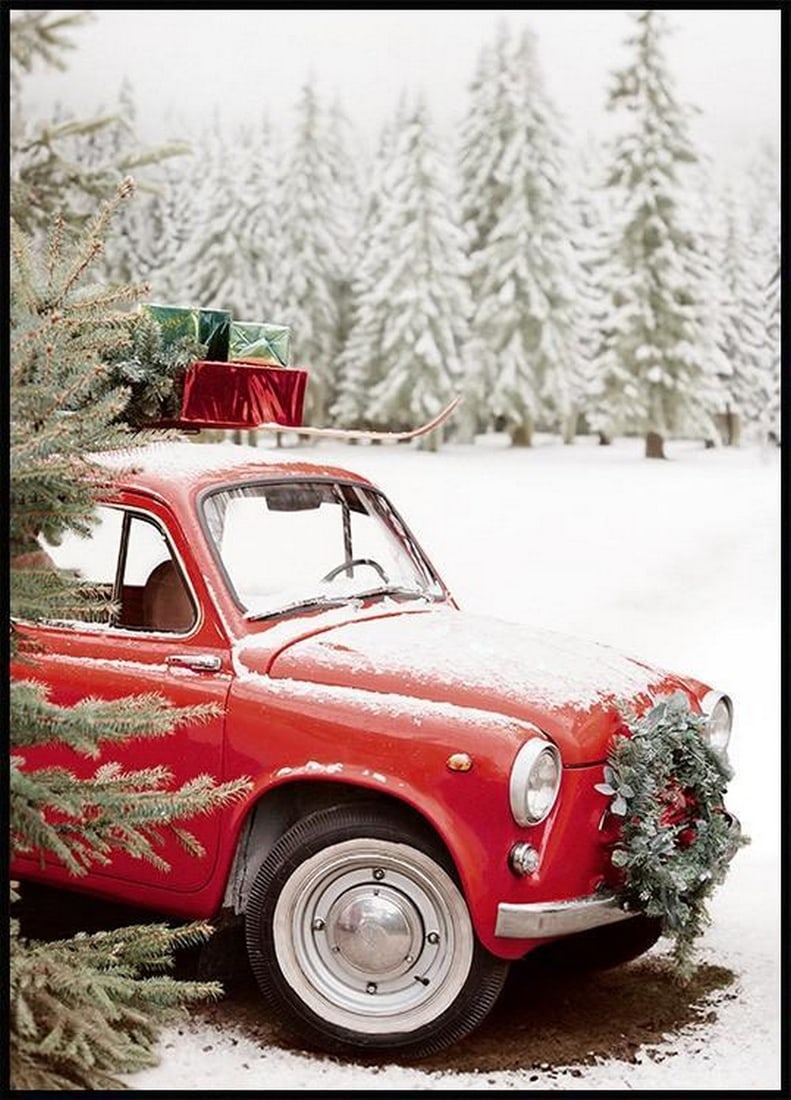 Red Holiday Car Wall Art Poster - 28" x 20" (1 of 2)