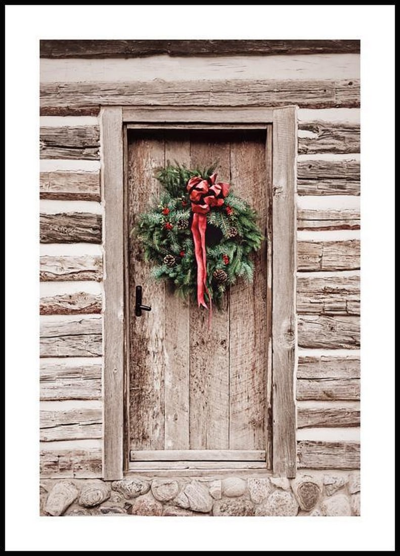 Holiday Festive Wooden Door Wreath Wall Art Poster - 28" x 20" (1 of 2)