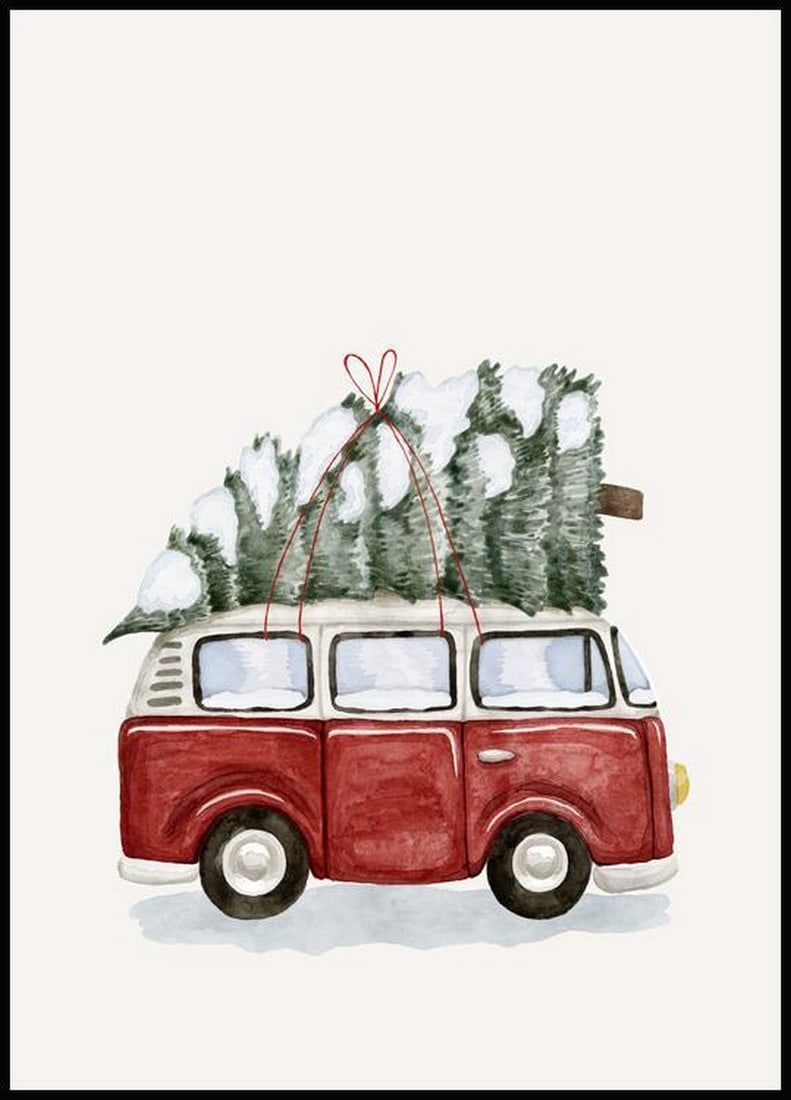 Frosty Winter Red Van with Christmas Tree on Top Wall Art Poster - 28" x 20" (1 of 2)