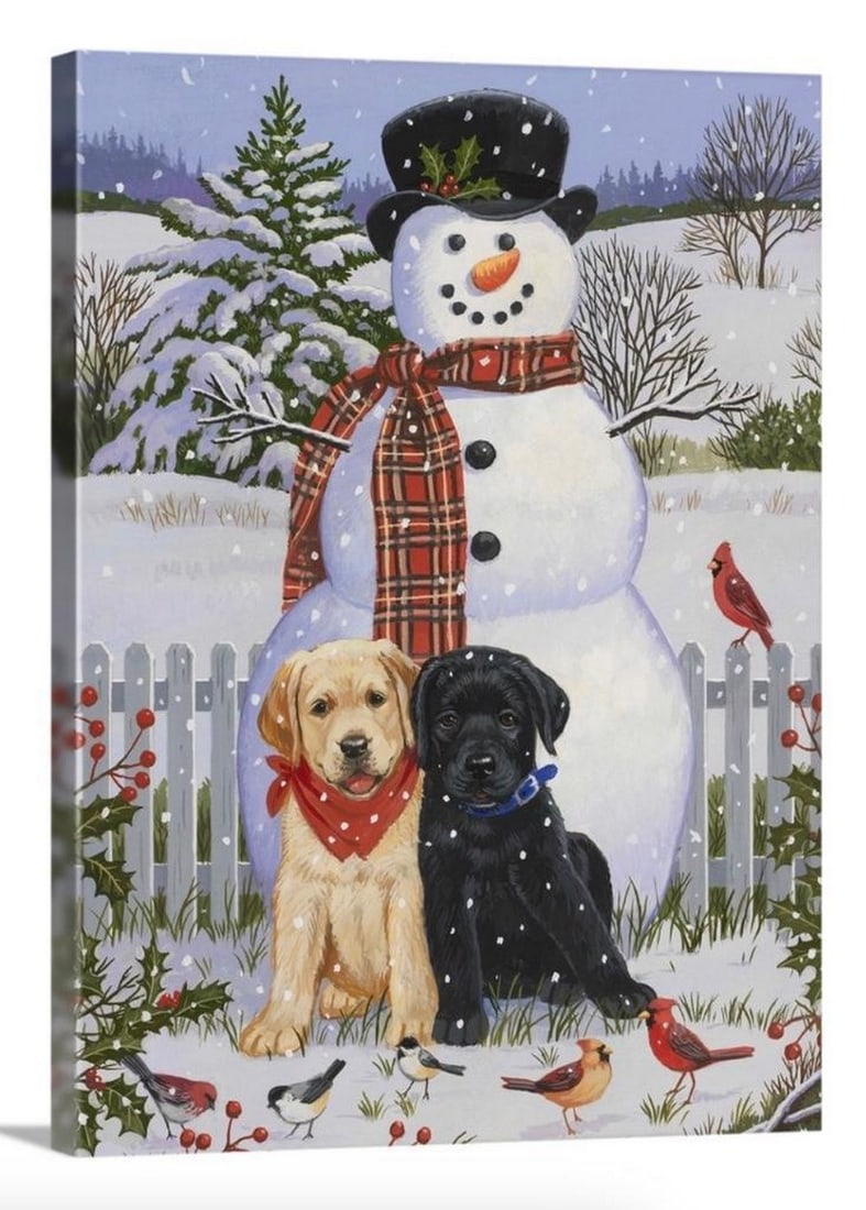 Friendly Snowman With Some Pups Holiday Canvas Reproduction (1 of 1)