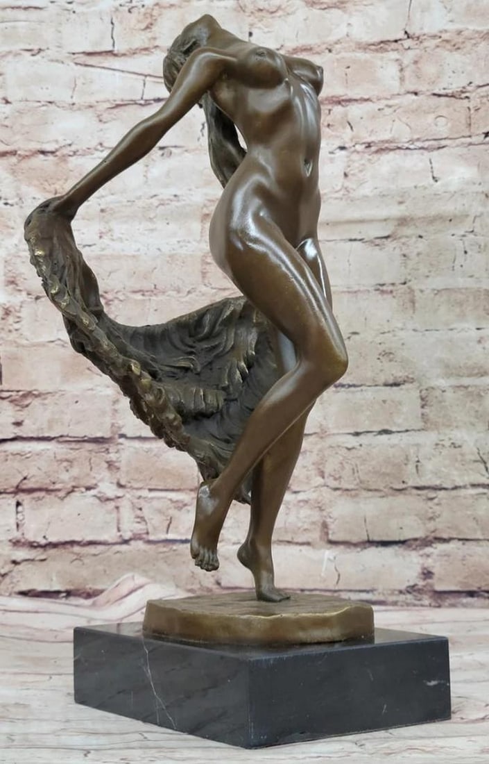 Signed Original Bronze Sculpture - Graceful Nude Female Dancer with Sash by P. Delor - 15" x 9": Signed Original Bronze Sculpture - Graceful Nude Female Dancer with Sash by P. Delor - 15" x 9" Celebrate the dynamic beauty of the female form in motion with this striking bronze sculpture,
