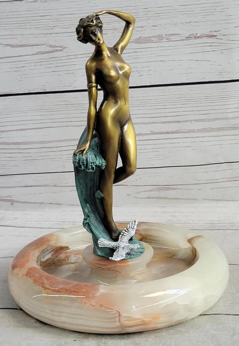 Unveiled Graceful Woman Ashtray Original Signed Bronze Art Sculpture by Milo - 9" x 7": Unveiled Graceful Woman Ashtray Original Signed Bronze Art Sculpture by Milo - 9" x 7" Elevate your surroundings with the ethereal beauty of the "Unveiled Graceful Woman" Ashtray, an e