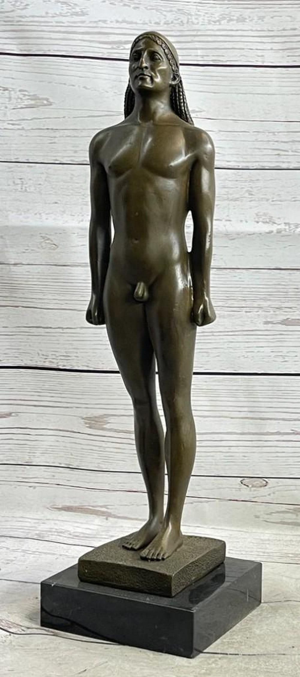 Youth Ancient Greek Kourus Nude Male Bronze Statue on Marble Base - 16" x 4.5": Youth Ancient Greek Kourus Nude Male Bronze Statue on Marble Base - 16" x 4.5" This bronze sculpture embodies the artistic ideals of ancient Greek aesthetics, presenting a Kouros—an embodime