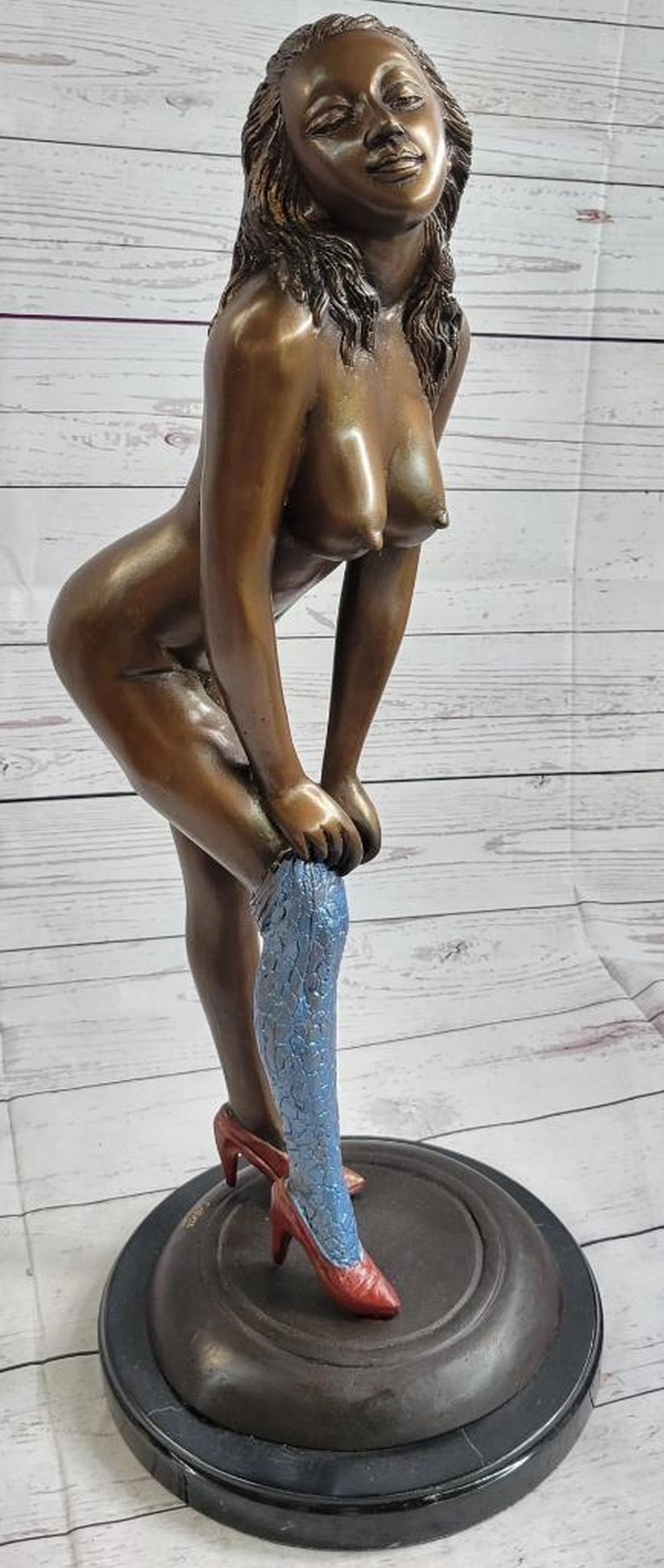 Signed Original Sensual Nude Woman Bronze Sculpture - 23" x 9.5": Signed Original Sensual Nude Woman Bronze Sculpture - 23" x 9.5" She bends down slowly unrolling her stocking, she sticks her ass out and leans her chest forward she seductively fixates her e