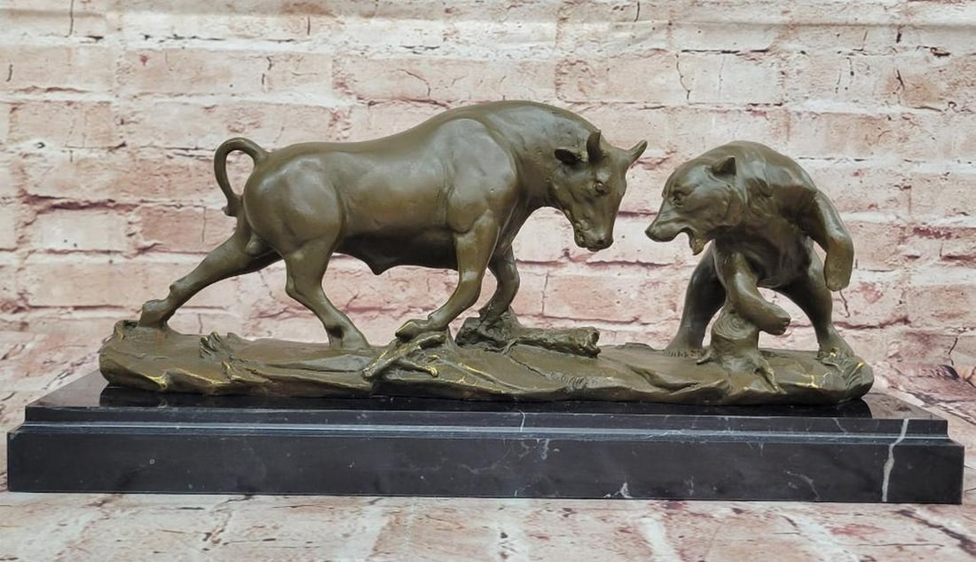 Bull and Bear – Original Bronze Sculpture by Miguel Lopez (Milo) - 8" x 16.5" (1 of 7)