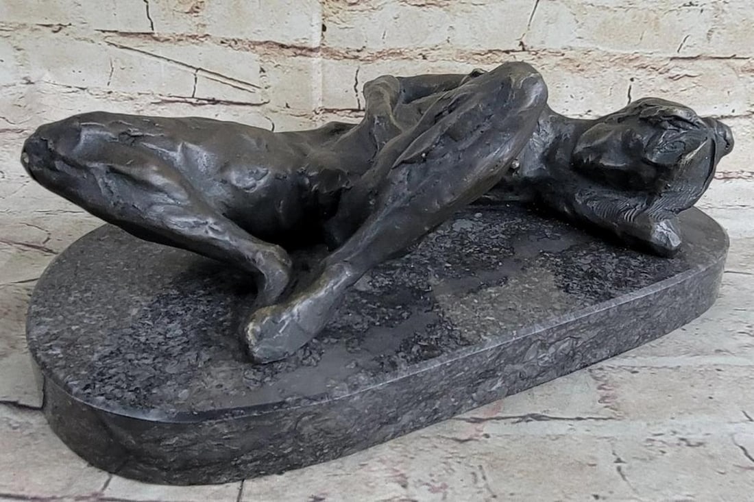 Nude Girl Touching Herself Original Bronze Statue - 5" x 13": Nude Girl Touching Herself Original Bronze Statue - 5" x 13" She reclines with both legs extended, her head tilted back, and her back arched in pleasure. One hand supports her head, capturin