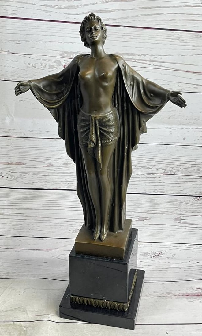 Art Nouveau F. Preiss Inspired Bronze Sculpture - Nude Woman Awakening - 17.5" x 8.5": Art Nouveau F. Preiss Inspired Bronze Sculpture - Nude Woman Awakening - 17.5" x 8.5" Embrace the timeless elegance of Art Nouveau with this exquisite bronze sculpture of a nude woman awakeni