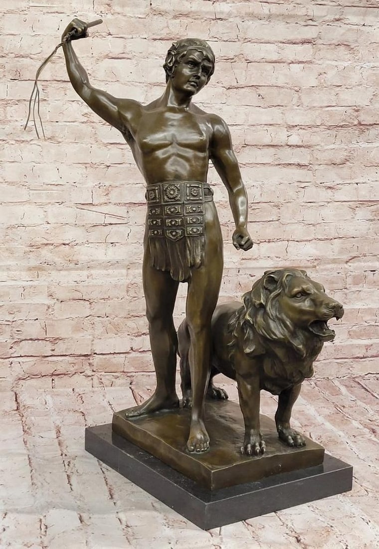 Roman Gladiator and Lion Bronze Sculpture by Debut – 30" x 20" (1 of 6)