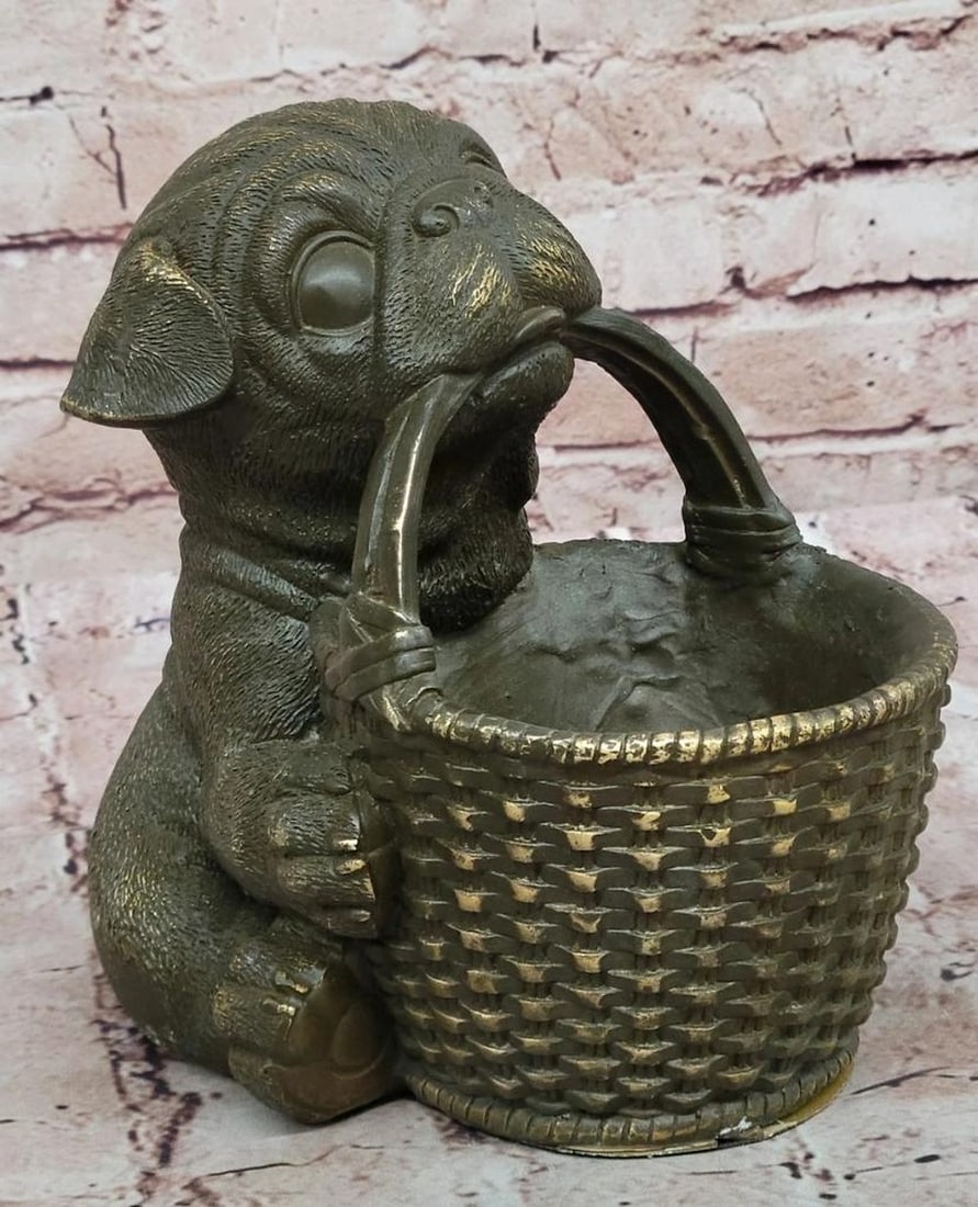 Bronze Pug Puppy Holding Woven Basket by Milo – Dog Figurine – 7.5" x 7" (1 of 5)