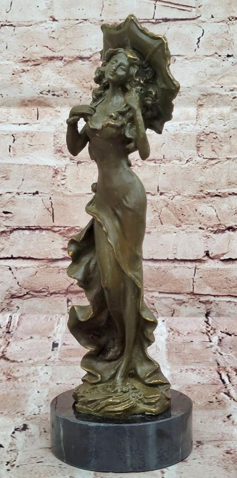 Art Nouveau Bronze Lady with Parasol by Mavchi – Elegant Victorian Sculpture – 12.5" x 4" (1 of 5)