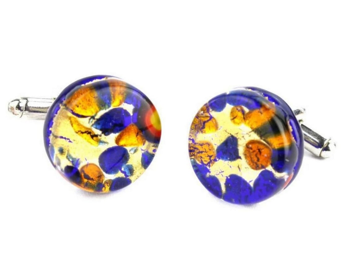 Blue & Gold Round Murano Glass Men's Cufflinks (1 of 2)