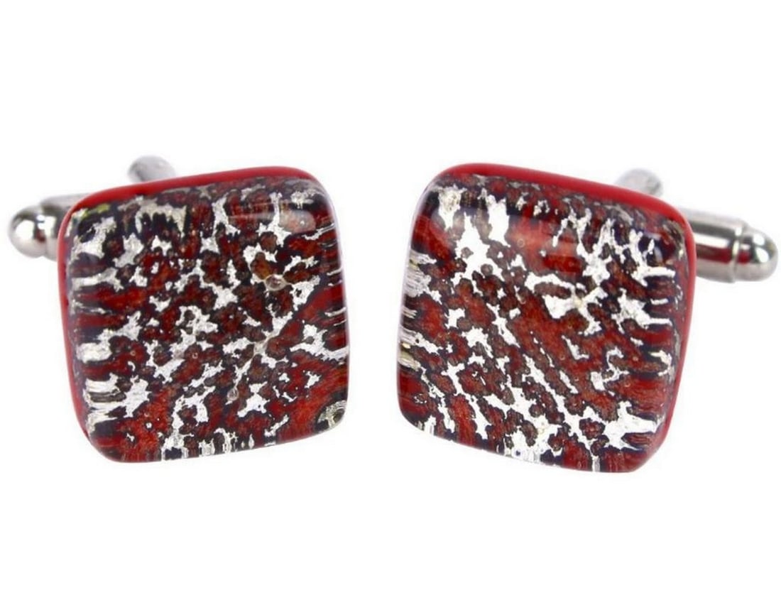 Silver & Red Patterned Murano Glass Cufflinks: Silver & Red Patterned Murano Glass Cufflinks Silver & Red Patterned Murano Glass Cufflinks: These meticulously crafted cufflinks feature striking patterns in silver and red hues, crafted