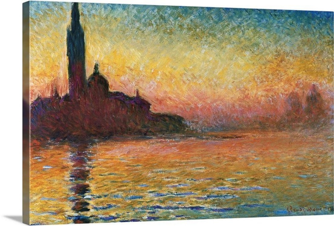 San Giorgio Maggiore at Twilight Canvas Reproduction: San Giorgio Maggiore at Twilight Canvas Reproduction Illuminate your space with Claude Monet’s San Giorgio Maggiore at Twilight, a breathtaking view of Venice bathed in soft evening light. This wor