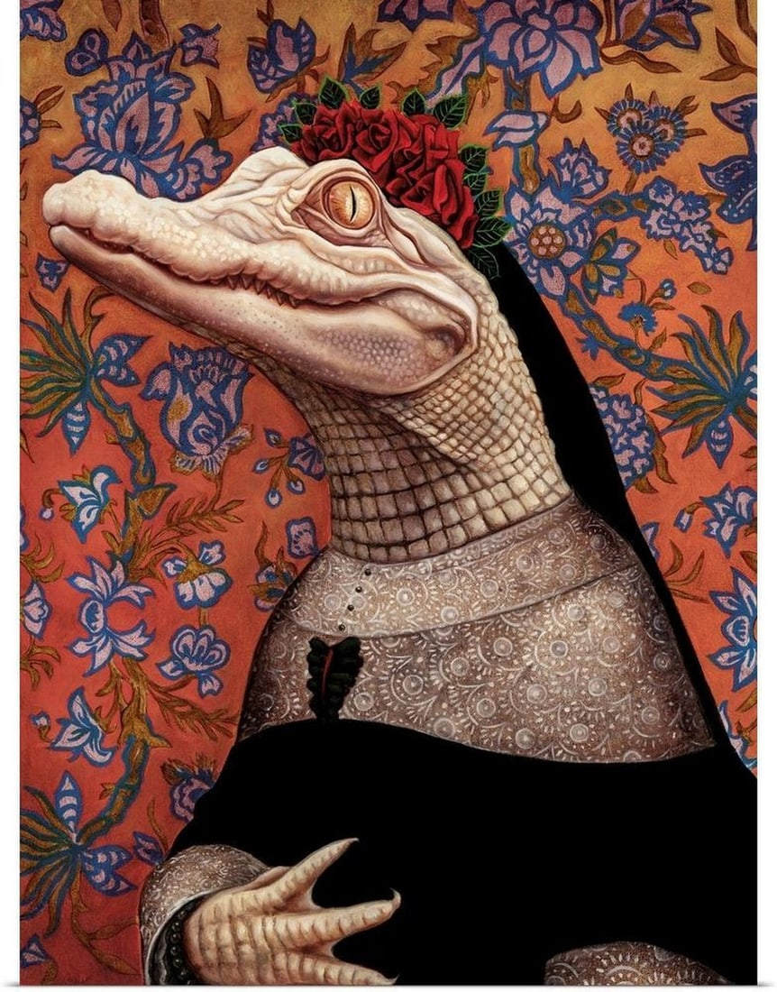 Rose Crown Gator Vintage Poster Print: Rose Crown Gator Vintage Poster Print "Rose Crown Gator" is a striking poster print by Jane R. Talton that blends whimsy with bold imagination. Featuring an alligator adorned with a delicate c