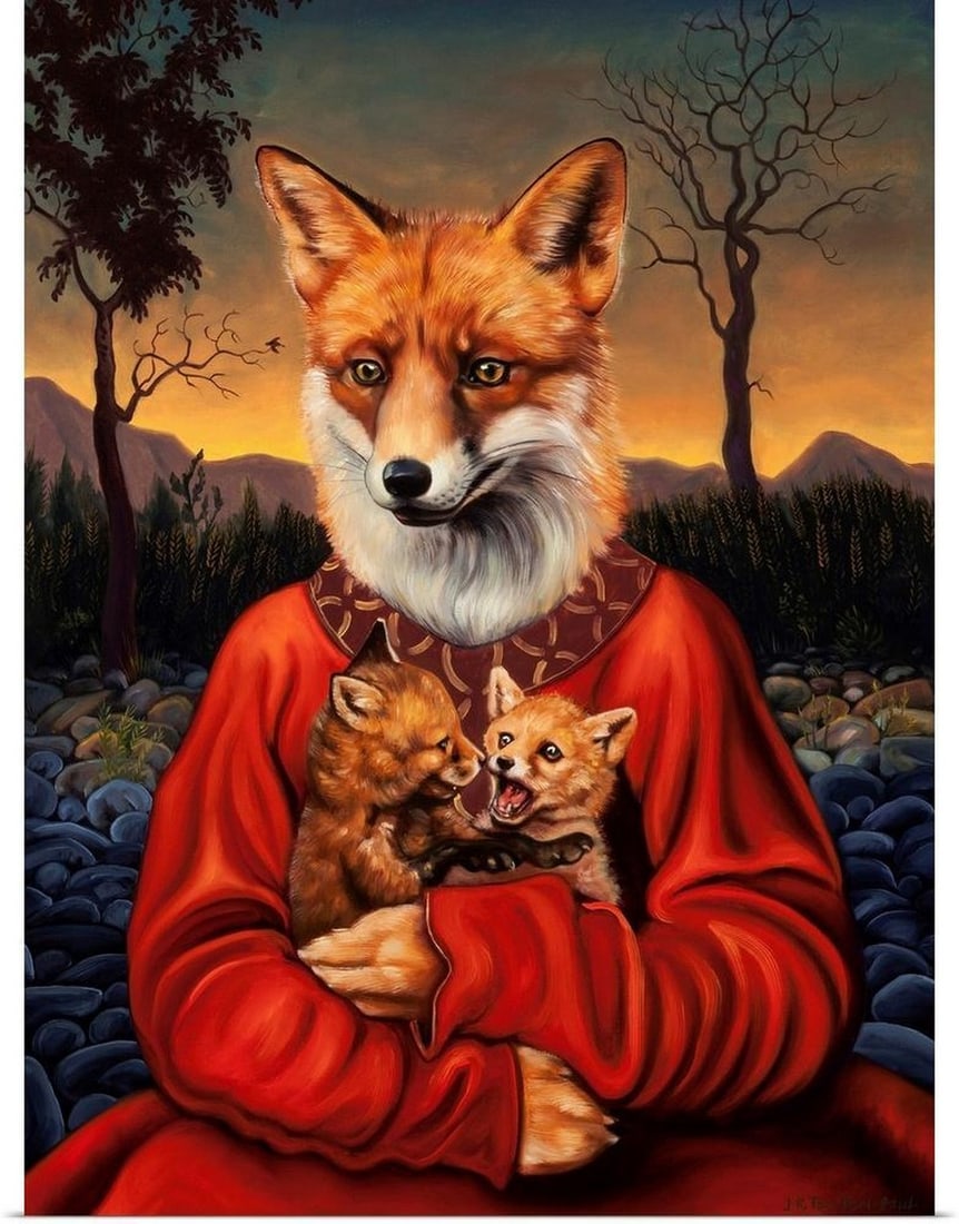 Fox Mom Vintage Poster Print: Fox Mom Vintage Poster Print "Fox Mom" is a tender poster print by Jane R. Talton that beautifully portrays the warmth and connection between a mother fox and her two kits. This poster print c