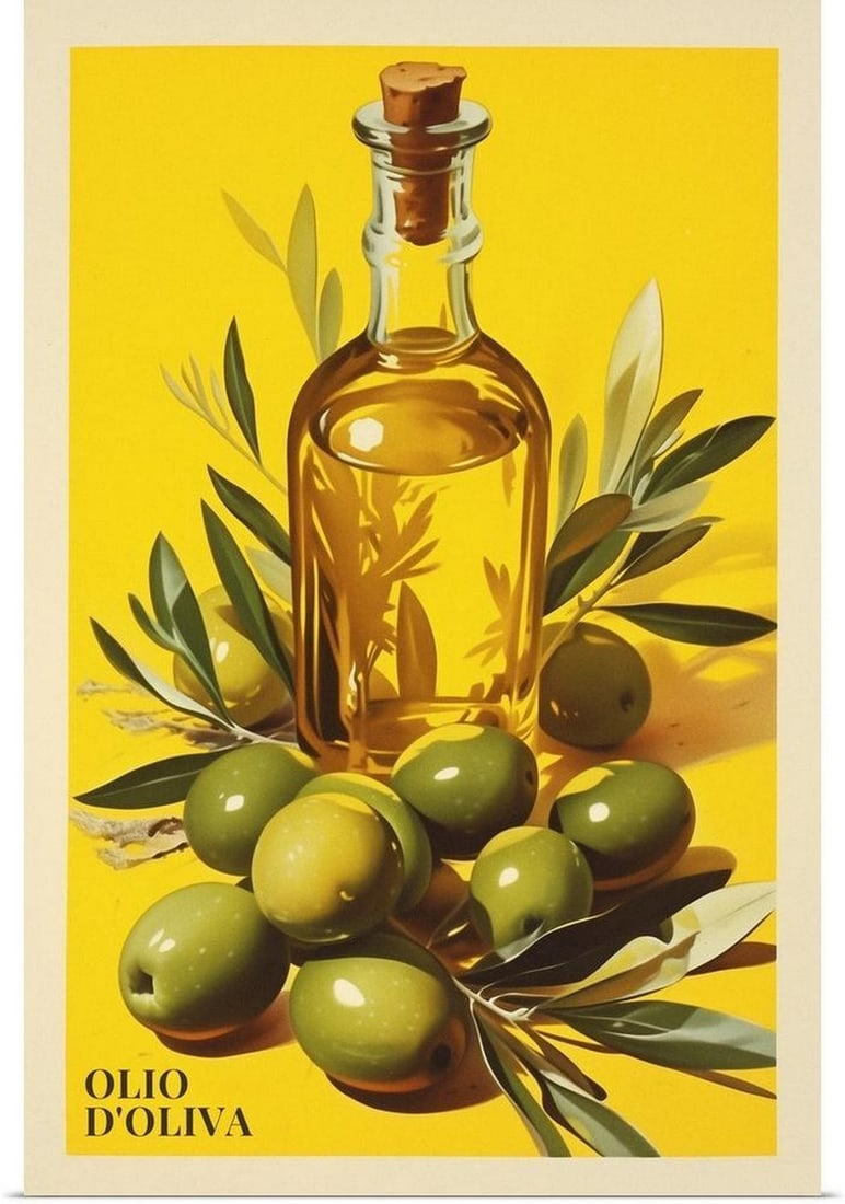 Olive Oil - Poster Vintage Poster Print: Olive Oil - Poster Vintage Poster Print "Olive Oil - Poster" is a playful poster print by No Way Jose that reimagines vintage-style advertising with a modern twist. This poster print features