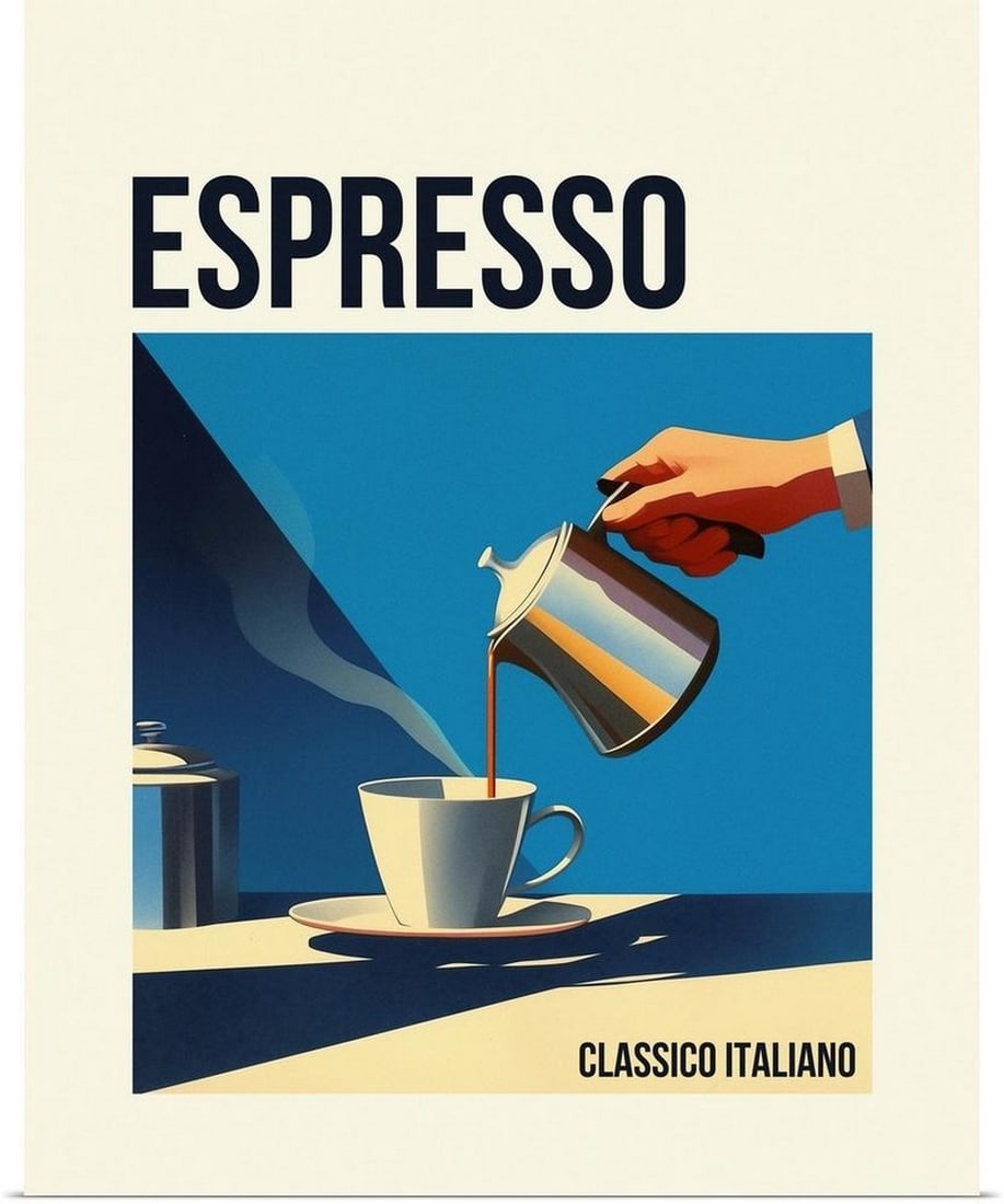 Italian Espresso - Retro Poster Vintage Poster Print: Italian Espresso - Retro Poster Vintage Poster Print "Italian Espresso - Retro Poster" is a playful poster print by No Way Jose that reimagines vintage-style espresso advertising with a modern
