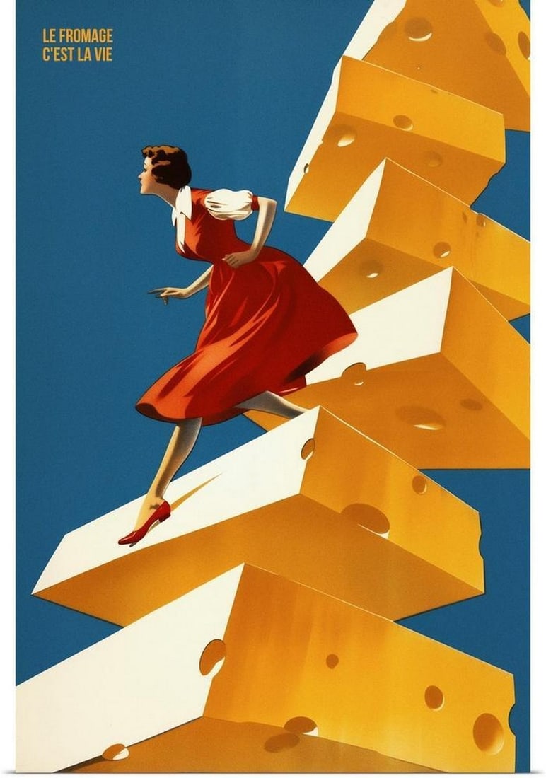Cheese Is Life - Retro Poster Vintage Poster Print: Cheese Is Life - Retro Poster Vintage Poster Print "Cheese Is Life - Retro Poster" is a playful poster print by No Way Jose that reimagines classic food advertising with a nostalgic twist. Thi