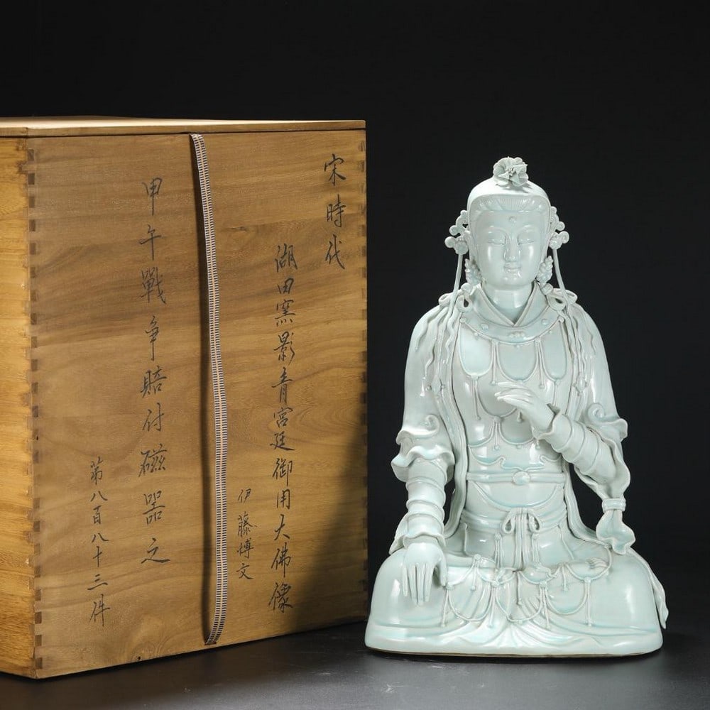 Serenity of the Celadon: Song-Inspired Hutian Kiln Royal Buddha: Serenity of the Celadon: Song Dynasty-Inspired Hutian Kiln Royal Buddha Drawing inspiration from the revered Hutian kilns of the Song Dynasty, this celadon Buddha statue embodies serenity and spiritua
