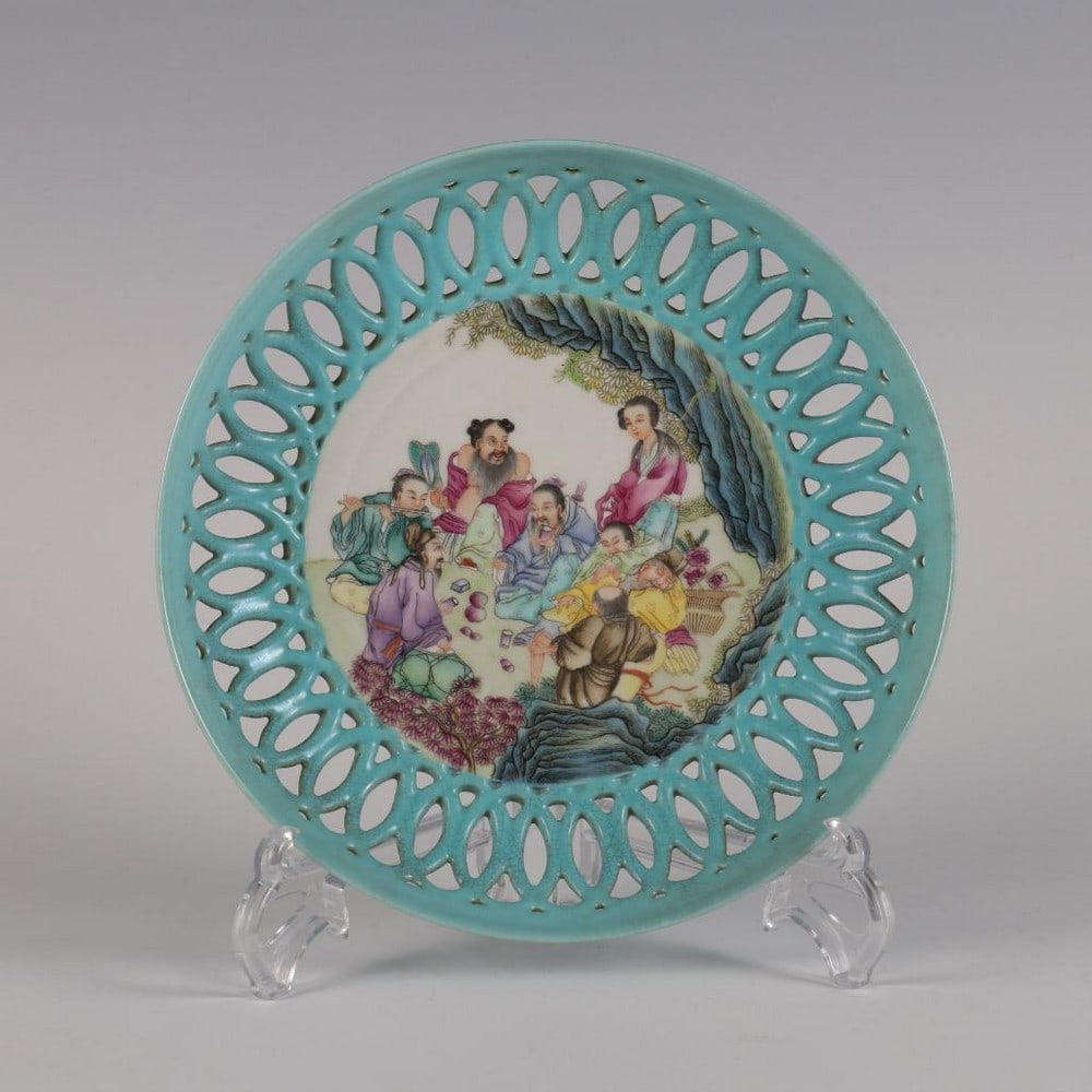 Qing Qianlong Inspired Turquoise Glaze Hollow Plate with Eight Immortals (1 of 9)