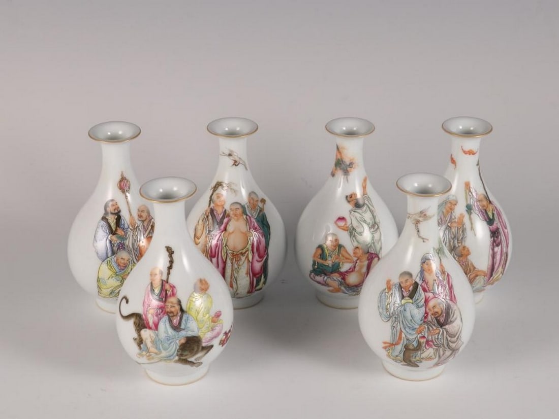 Qing Qianlong Inspired Enamel Eighteen Arhats Vase Set (1 of 10)