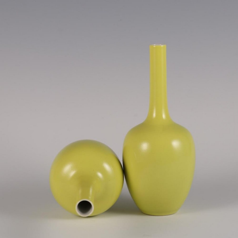 Pair of Qing Dynasty Yongzheng-Inspired Lemon Yellow Glazed Gallipot Bottles (1 of 8)
