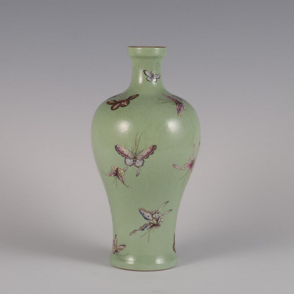 Qing Dynasty Yongzheng-Inspired Apple Green Famille Rose Plum Bottle with Butterfly Pattern (1 of 9)