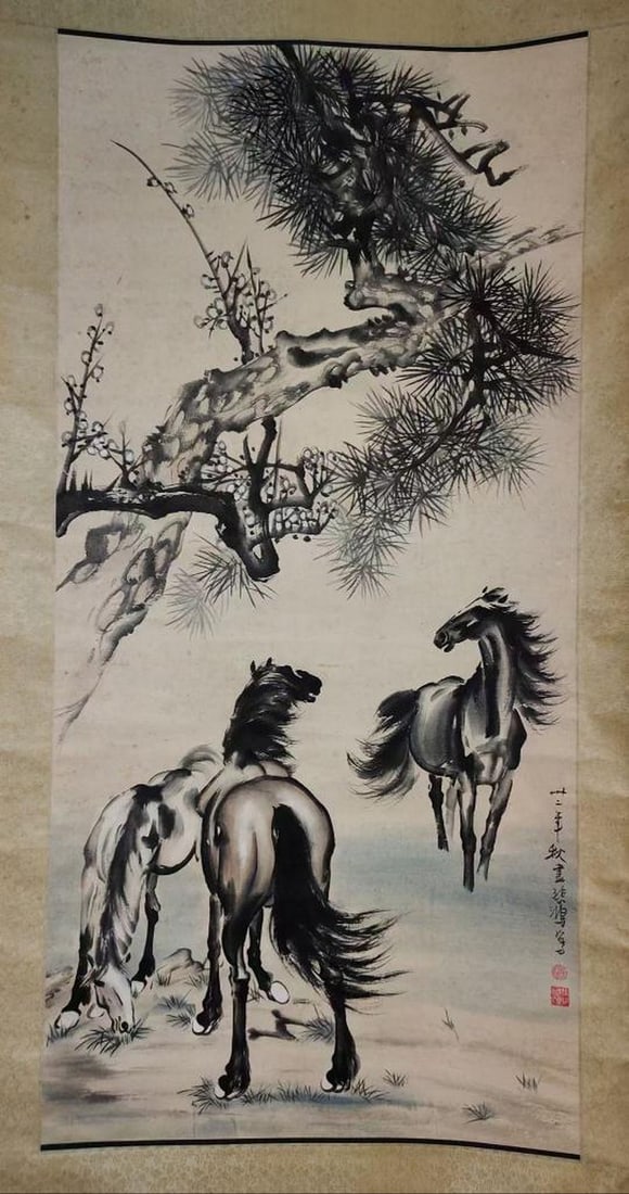Xu Beihong Inspired Hand-Painted Three Horses Scroll (1 of 9)