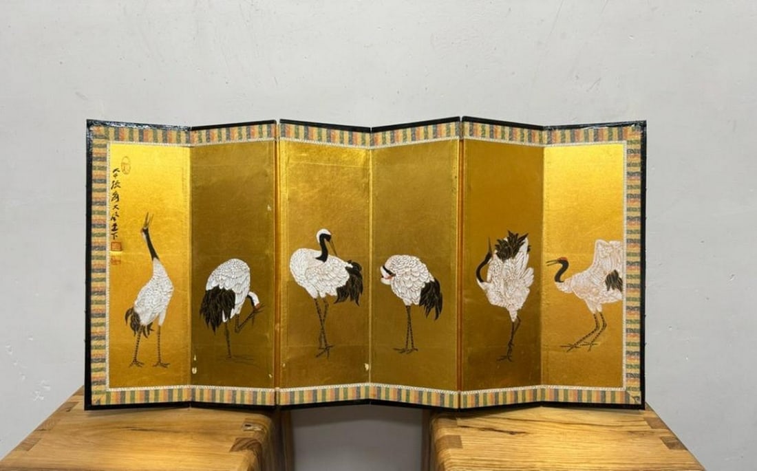 Zhang Daqian Inspired Hand-Painted Holy Cranes on Gold Screen (1 of 9)