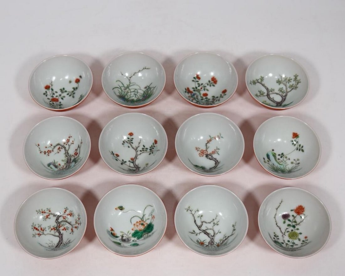 Coral Red Ground “Twelve Flower Gods?? Cup Set: Coral Red Ground “Twelve Flower Gods” Cup Set An exceptionally rare and elegant set of twelve porcelain cups inspired by the Yongzheng period (1723–1735) of the Qing Dynasty, each featuring