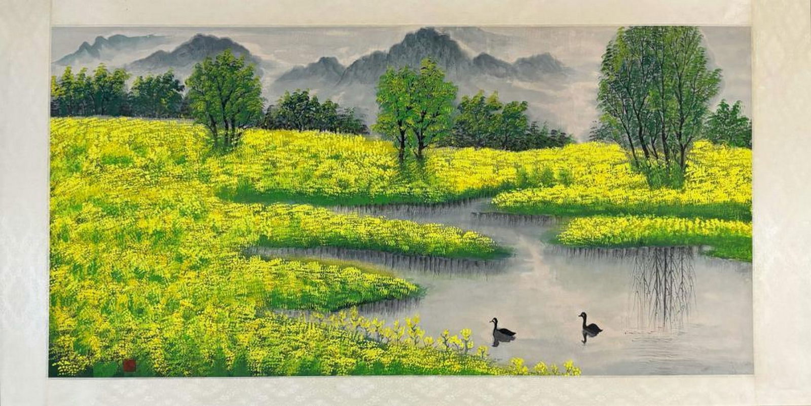 Wu Guanzhong Inspired Landscape on Paper: Ducks and Yellow Wildflowers: Wu Guanzhong Inspired Landscape on Paper: Ducks and Yellow Wildflowers This luminous landscape painting inspired by modern master Wu Guanzhong captures the quiet beauty of nature with bold color and