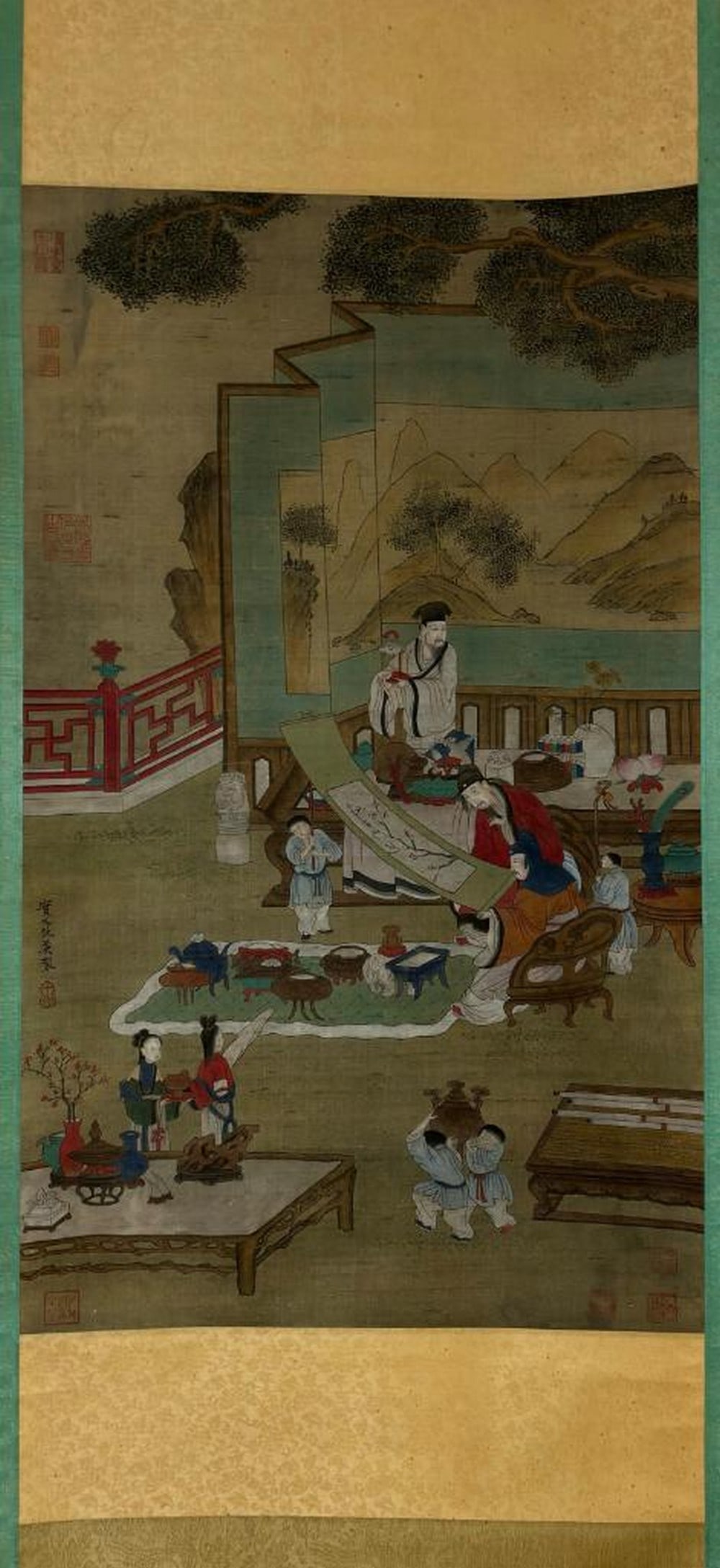 Qiu Ying Inspired Hand-Painted Silk Scroll: Scholars Viewing a Painting Scene (1 of 9)
