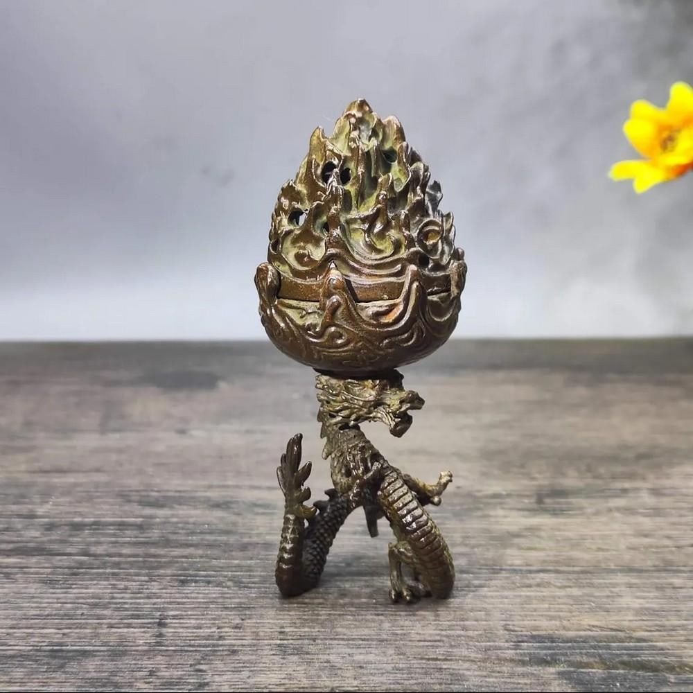 Rare Pure Copper Torch Dragon Incense Burner: Rare Pure Copper Torch Dragon Incense Burner An exquisite and rare Chinese antique incense burner handcrafted from pure copper, featuring a majestic torch dragon design symbolizing power and protecti
