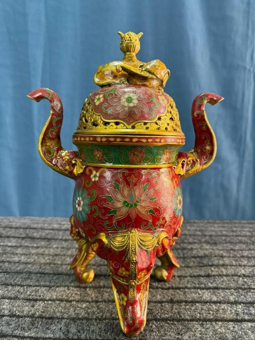 Chinese Antique Handmade Pure Copper Cloisonné Elephant Incense Burner (1 of 5)