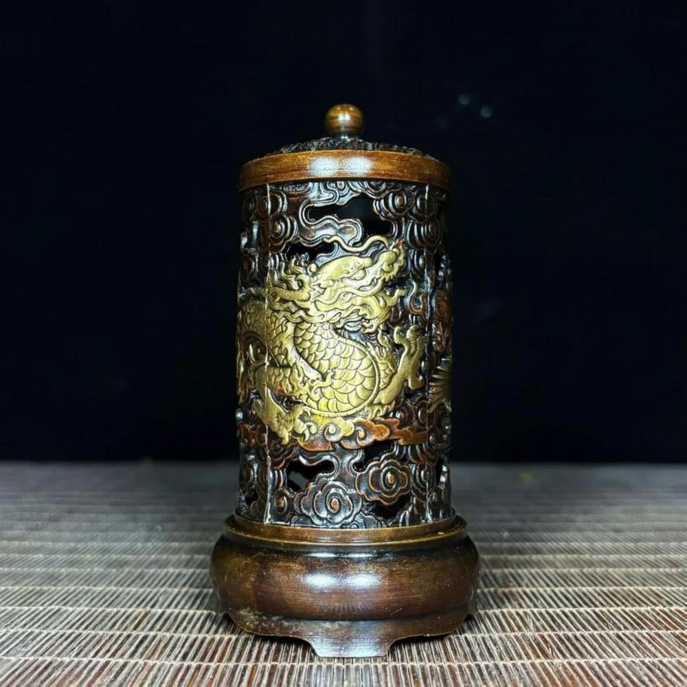 Chinese Antique Handmade Copper Relief Hollow Dragon and Phoenix Incense Burner (1 of 5)