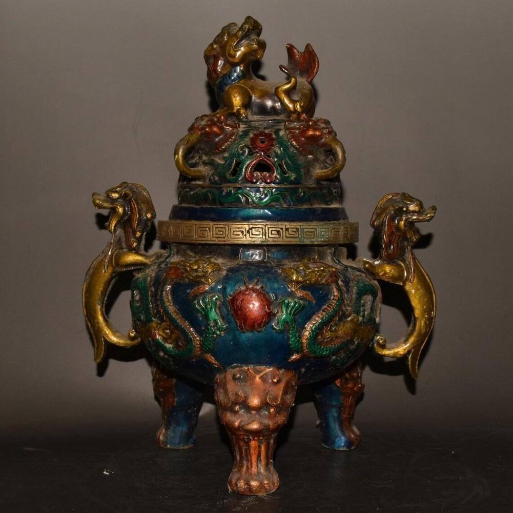 Rare Pure Copper Cloisonné Incense Burner with Double Dragon Ears and Three-Legged Lion Base (1 of 6)
