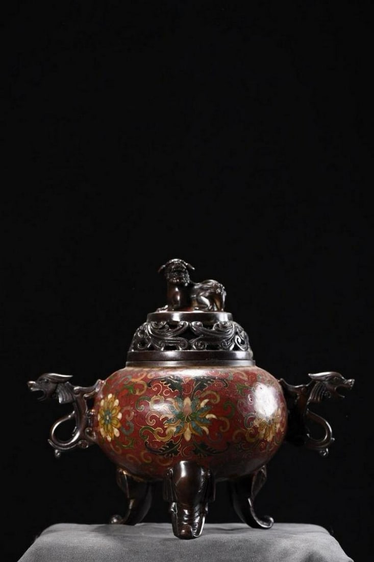 Rare Pure Copper Cloisonné Three-Legged Incense Burner with Animal Finial: Rare Pure Copper Cloisonné Three-Legged Incense Burner with Animal Finial n exquisite and rare Chinese antique incense burner, handcrafted from pure copper and adorned with colorful cloisonné ename
