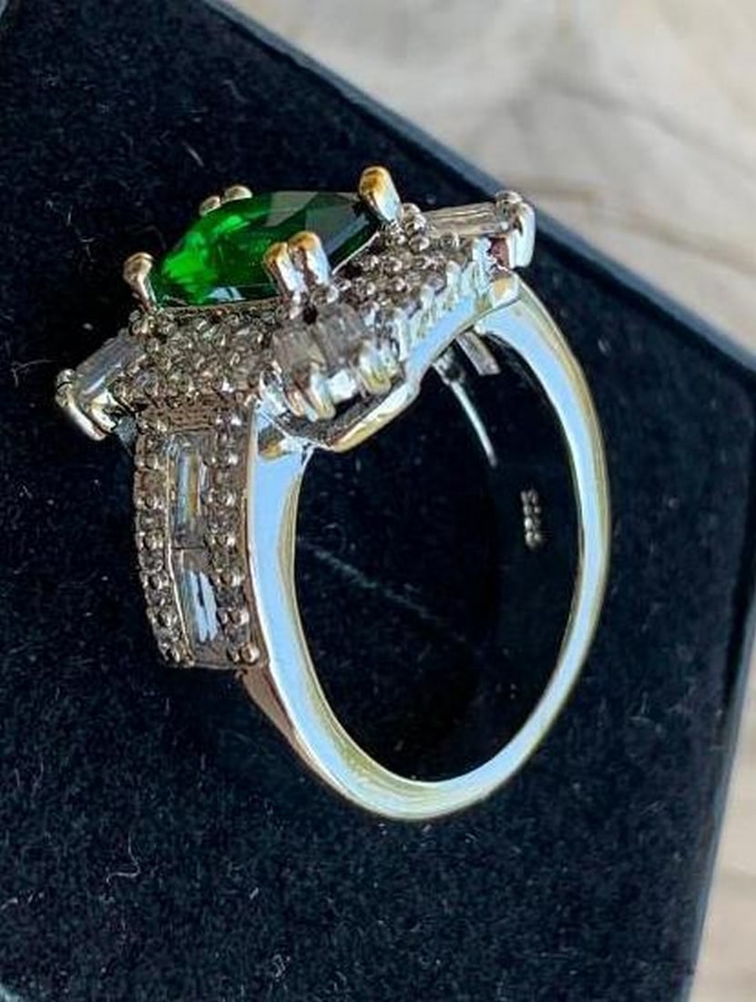 Sterling Silver Green Emerald-Cut Ring with White Accent Stones (1 of 7)