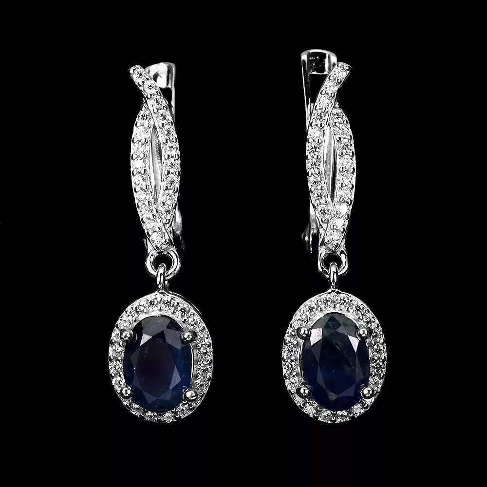 Sterling Silver Dangle Earrings with Oval Blue Sapphire Gemstones (1 of 3)
