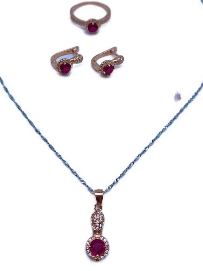 Radical Blood Red Ruby And Austrian Crystal 925 Sterling Silver 14K Rose Gold Plated Set (1 of 5)