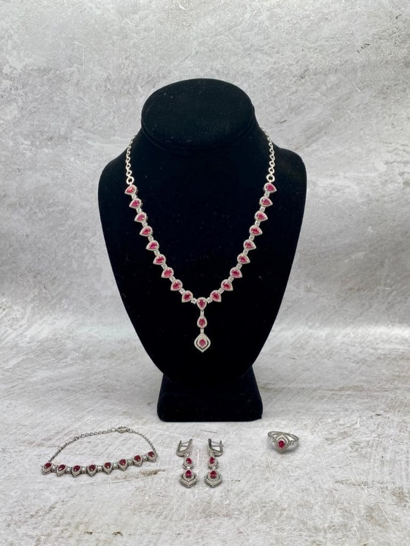 Radical Red Ruby Pears And Austrian Crystal 14K White Gold Plated 925 Sterling Silver Set (1 of 5)